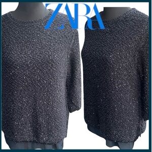 Zara Black Sequin Knit Sweater Sheer Under Layer (S)